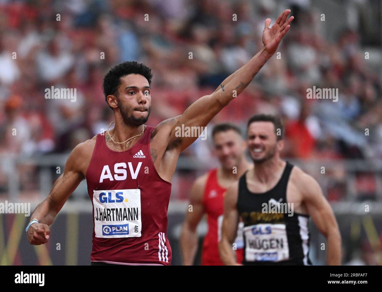 Kassel, Germany. 09th July, 2023. Athletics: German Championships in the Auestadion. 200m, final, men. Joshua Hartmann in action. Credit: Sven Hoppe/dpa/Alamy Live News Stock Photo