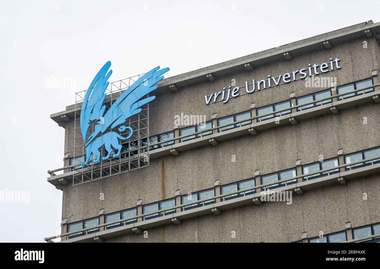 Letters and blue logo of the Free University (Dutch Vrije Universiteit) in Amsterdam Stock