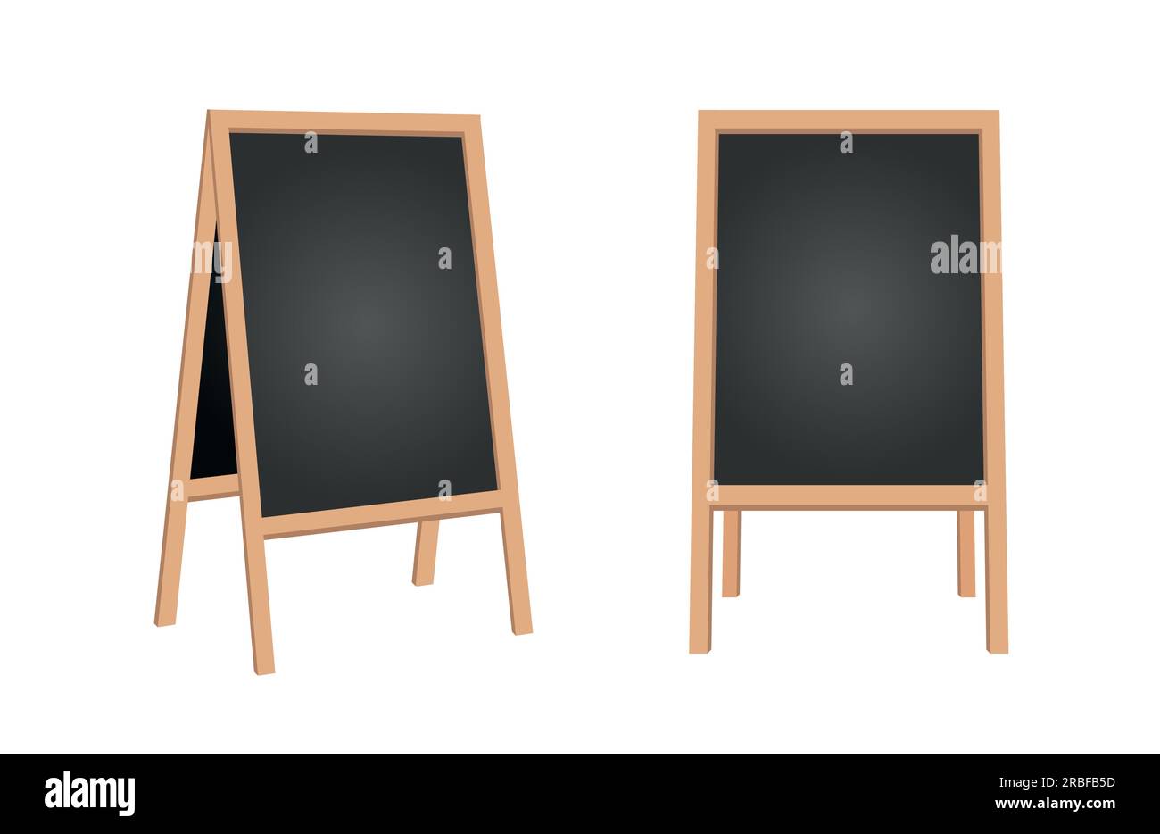 Sidewalk chalkboard. Outdoor restaurant blackboard with wood frame. Empty cafe texting easel