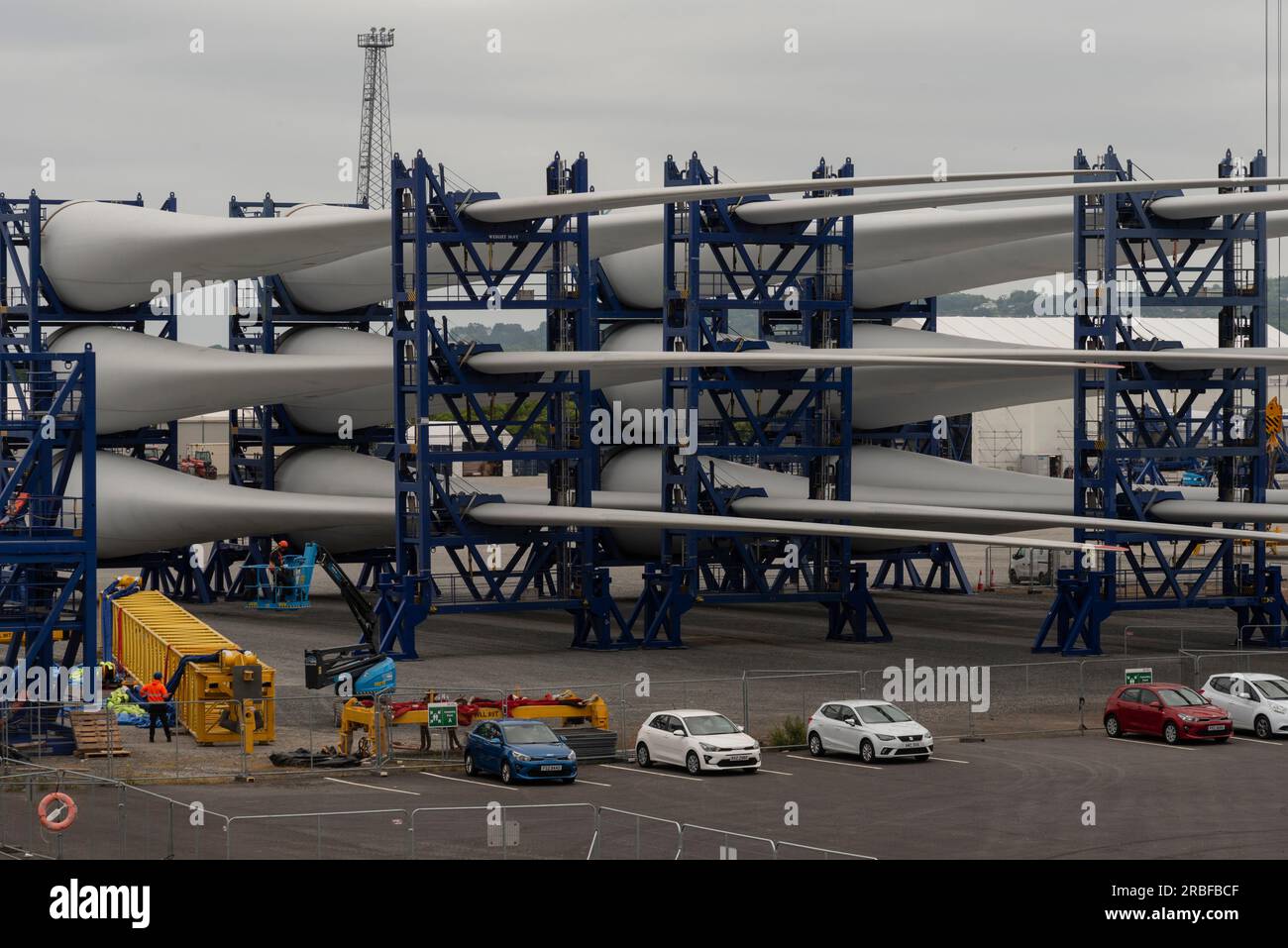 Belfast, Northern Ireland, UK. 7 June. 2023. Wind turbine blades being assembled in Belfast Harbour at the offshore wind terminal before being shipped Stock Photo