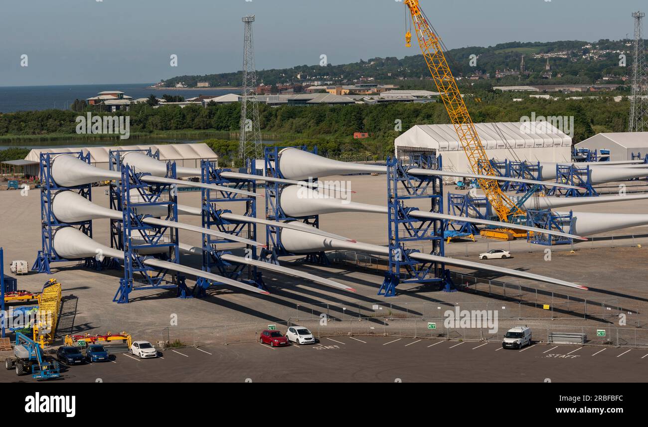 Belfast, Northern Ireland, UK. 7 June. 2023. Wind turbine blades being assembled in Belfast Harbour at the offshore wind terminal before being shipped Stock Photo