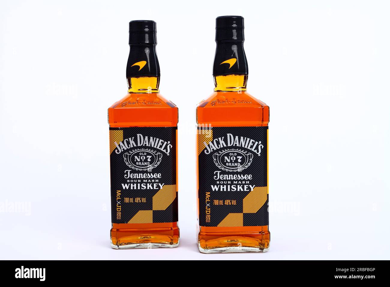 Limited edition 2023 Jack Daniels and McLaren racing old number 7 Tennessee sour mash whiskey with the McLaren papaya colourway Stock Photo