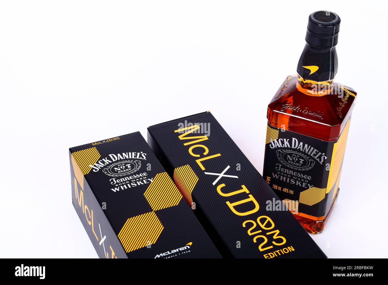 Limited edition 2023 Jack Daniels and McLaren racing old number 7 Tennessee sour mash whiskey with the McLaren papaya colourway and packaging Stock Photo