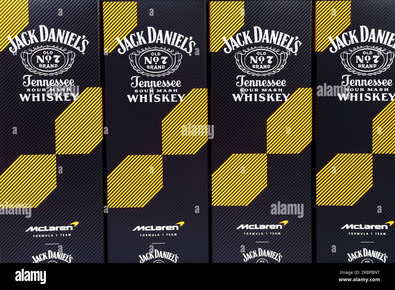 Limited edition 2023 Jack Daniels and McLaren racing old number 7 Tennessee sour mash whiskey packaging with the McLaren papaya colourway Stock Photo