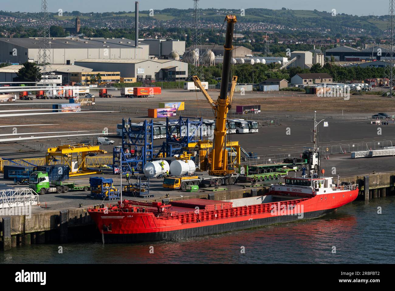 Belfast, Northern Ireland, UK. 7 June 2023. Red ship with open hatches