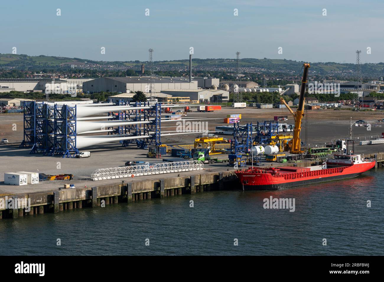 Belfast, Northern Ireland, UK. 7 June 2023. Red ship with open hatches ...