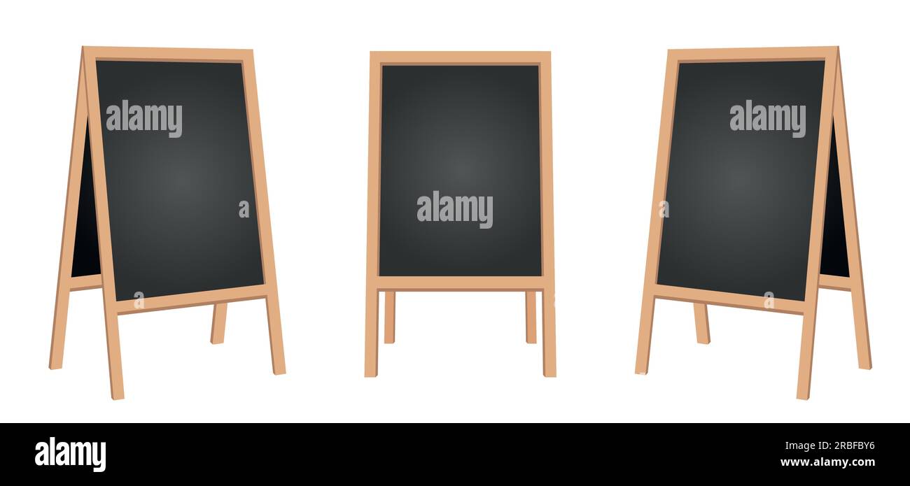 Sidewalk chalkboard. Outdoor restaurant blackboard with wood frame. Empty cafe texting easel