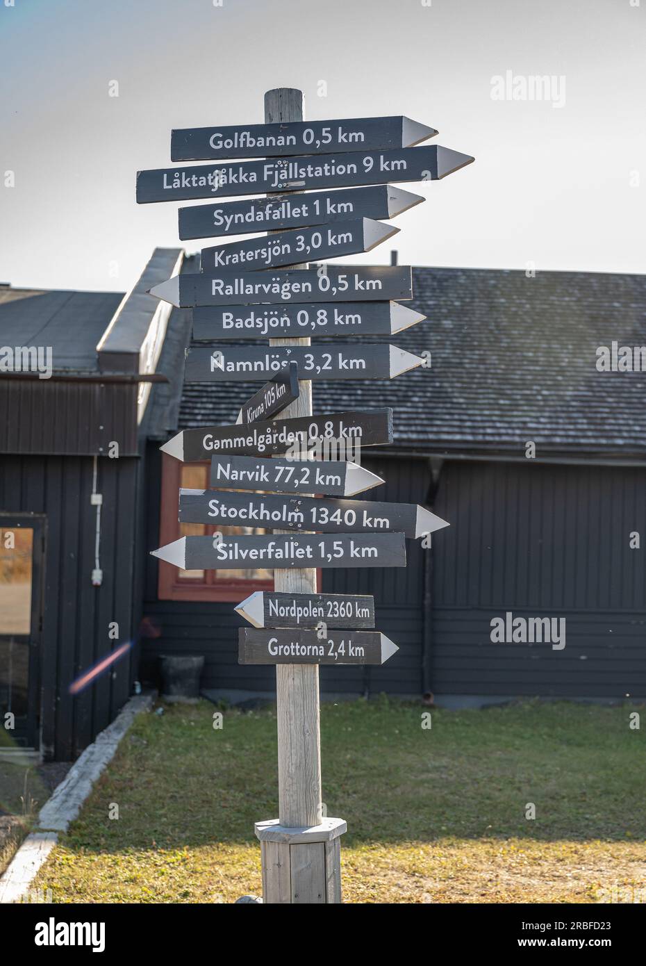 signpost Abisko Sweden Arctic Circle indicates distance and direction to various towns and sites of interest like Northpole and Stockholm Stock Photo