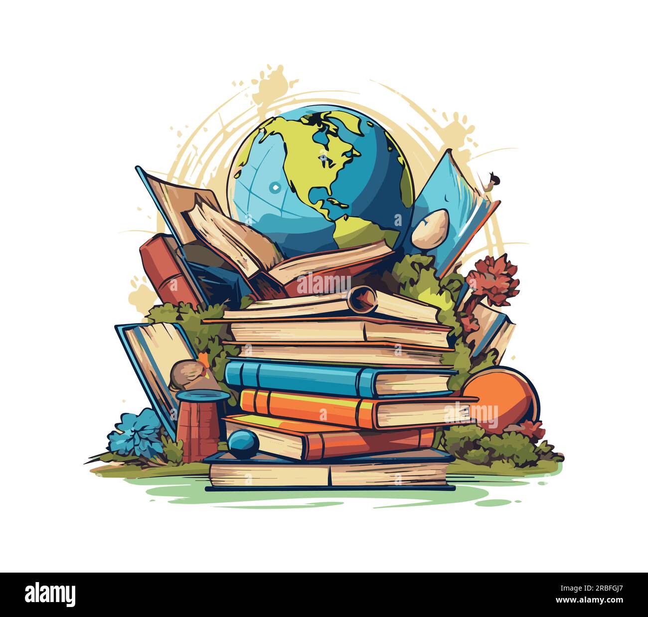 vector illustration stack of books with globe, design for cover, back