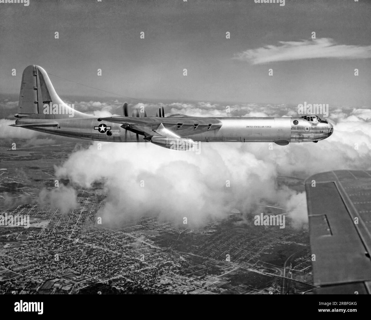 Texas:  1951 A Convair B-36F Peacemaker Air Force bomber. In addition to the six 3,800 hp piston engines it also was equipped with four GE J47 turbojets mounted under the wings for additional power. Stock Photo