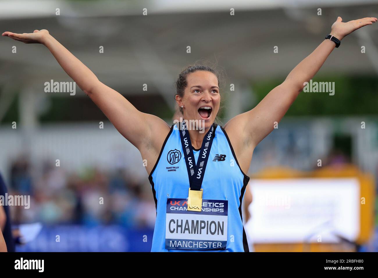 Jade Lally celebrates her gold medal in the women’s discus during the UK Athletics Championships at Manchester Regional Arena, Manchester, United Kingdom, 9th July 2023  (Photo by Conor Molloy/News Images) Stock Photo