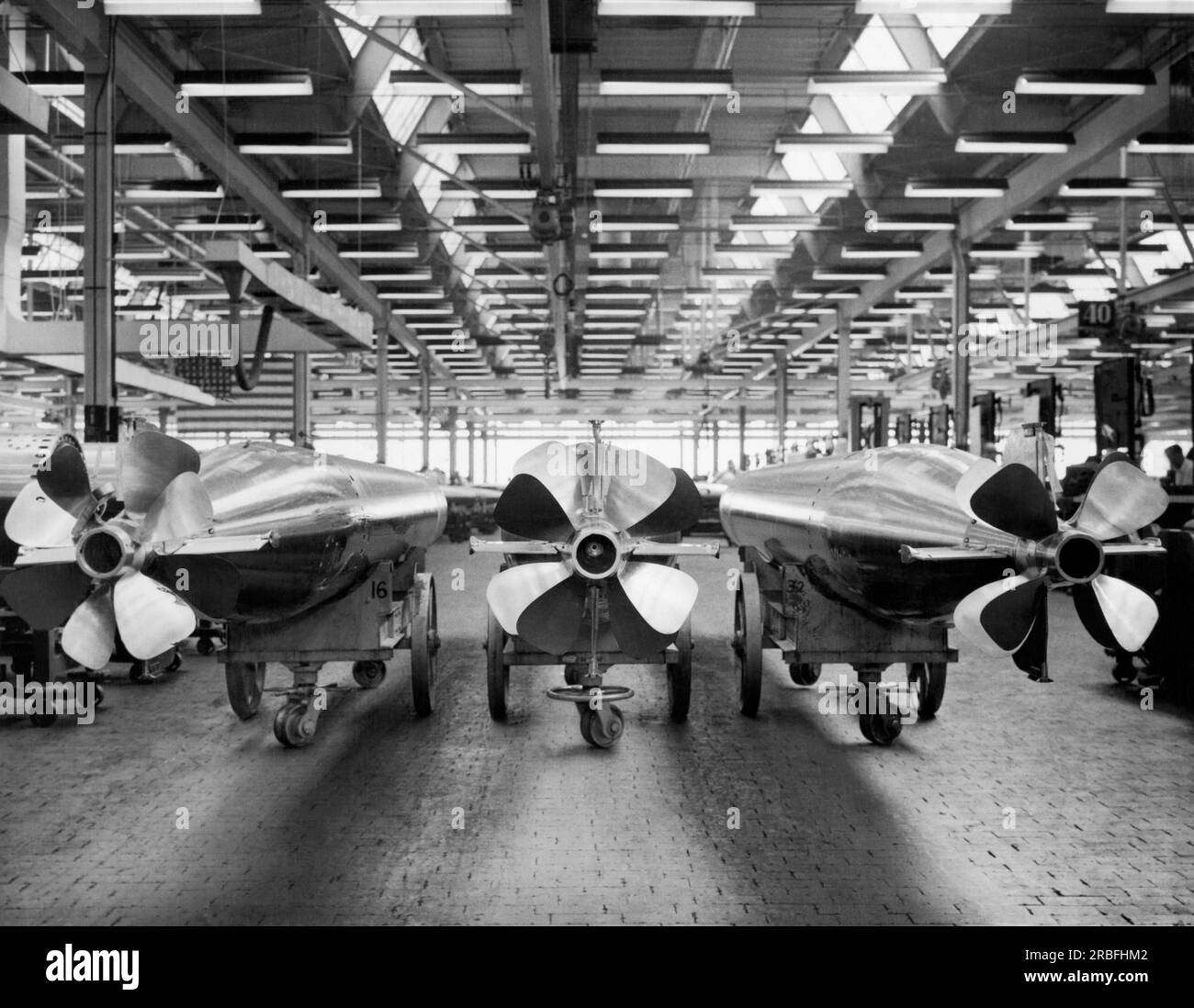 Forest Park, Illinois:  August 17, 1944 The back ends of the Mark 15 torpedos being manufactured at the Amertorp torpedo factory for US Navy submarines to use against the Japanese fleet. Stock Photo