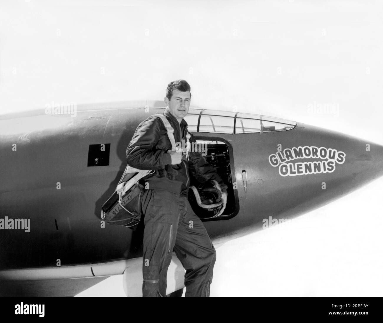 Muroc Army Air Force Base, California:  October, 1947 Capt. Charles E. Yeager standing next to the Air Force's Bell X-1 supersonic research aircraft. Yeager named it the Glamorous Glennis after his wife. He became the first man to fly faster than the speed of sound on Oct. 14, 1947. Stock Photo