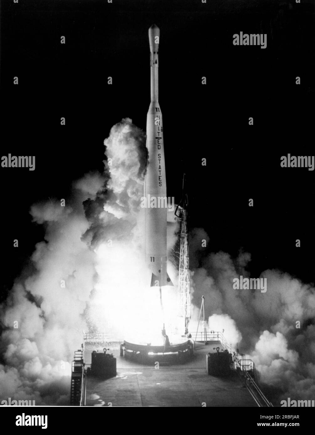 Cape Canaveral, Florida:  July 10, 1962 A Thor Delta rocket blasts off carrying Telstar 1, the world's first international communications satellite in its nose. Stock Photo