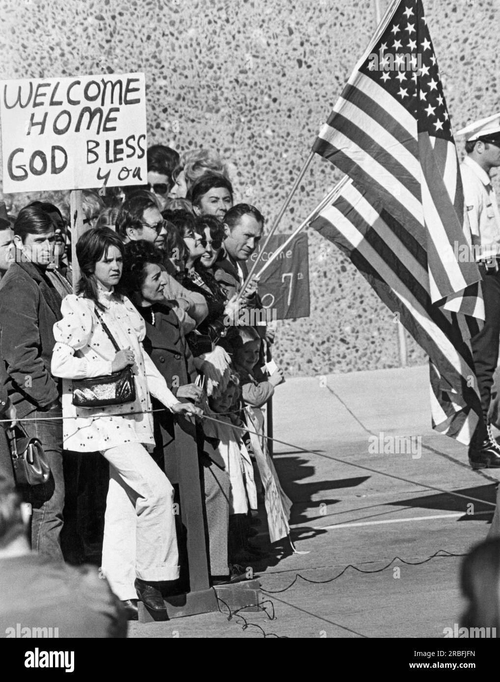 Fairfield, California:  February 15, 1973 Family members waiting to greet just released prisoners of war arriving at Travis Air Force Base. Stock Photo
