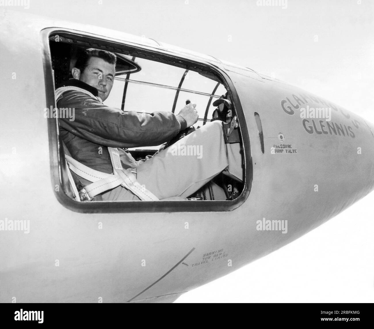 Muroc Army Air Force Base, California:  October, 1947 Capt. Charles E. Yeager is in the cockpit of the Bell X-1 supersonic research aircraft. He became the first man to fly faster than the speed of sound in level flight on October 14. Stock Photo