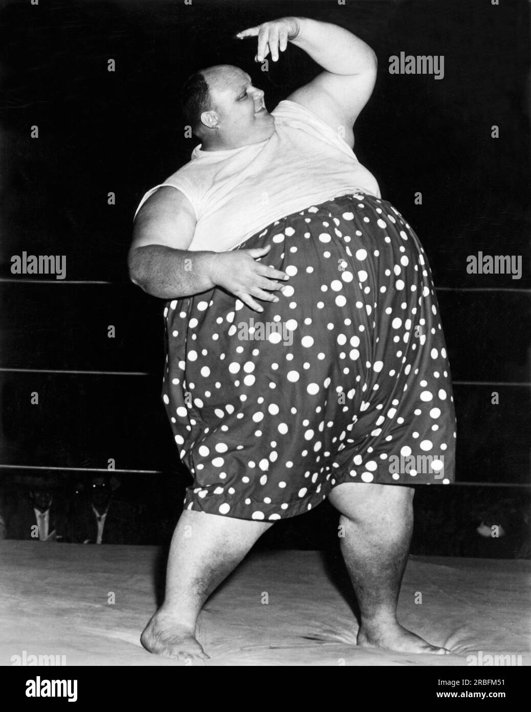 United States:  c. 1956 A portrait of professional wrestler William Cobb, better known as Happy Humphrey. He was the heaviest professional wrestler of all time, averaging 750 pounds during his career with one occasion of weighing in at over 900 pounds. Stock Photo