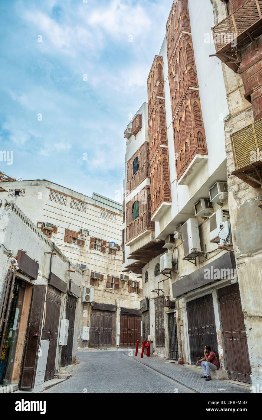 Al-Balad old town street with traditional muslim houses, Jeddah, Saudi Arabia Stock Photo