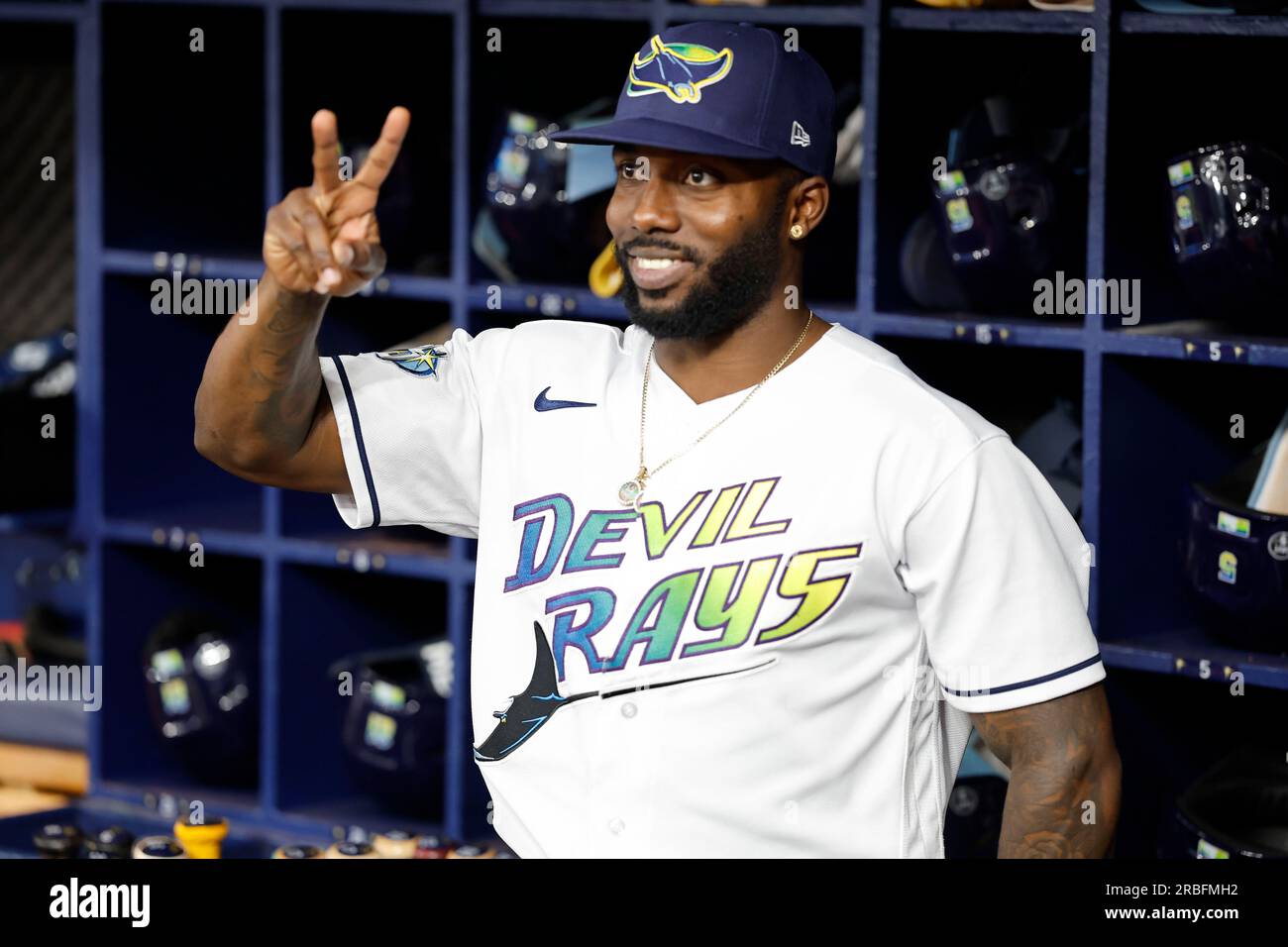 St. Petersburg, FL USA; Tampa Bay Rays left fielder Randy Arozarena (56) readies for the All Star Jersey presentation prior to an MLB game against the Stock Photo