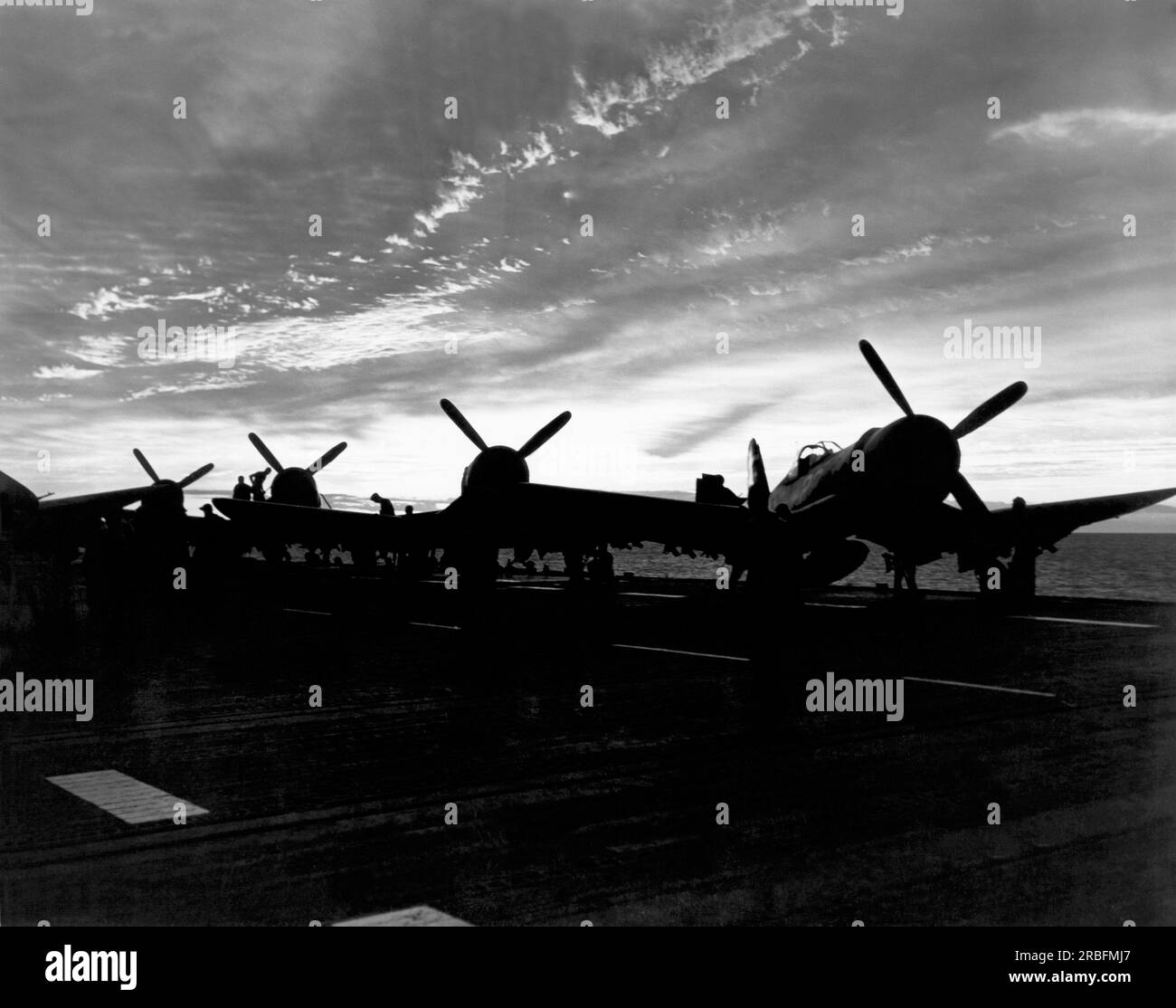 Korea:  September, 1950 Marine Corsair F4U's on the flight deck of an aircraft carrier prior to the invasion at Inchon, Korea. Stock Photo