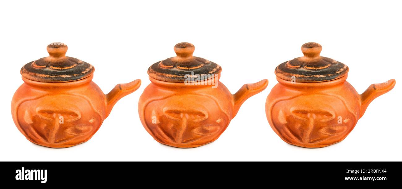 Set of clay pots for baking isolated on white background. Free space ...