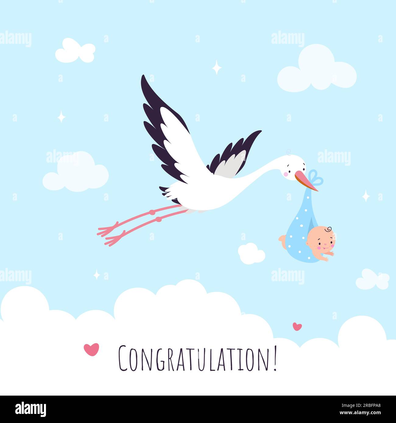 Baby shower congratulations printable card. Cartoon stork bring cute