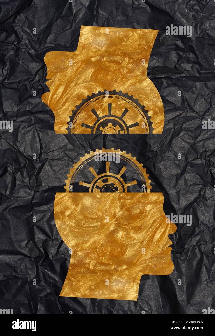 Two silhouettes of human heads with gears in the brain on a black ...
