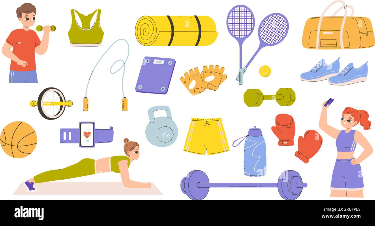 Sport gym accessory, girl with phone doing selfie. Fitness training equipment, cartoon athlete characters. Snugly sporty tools vector collection Stock Vector