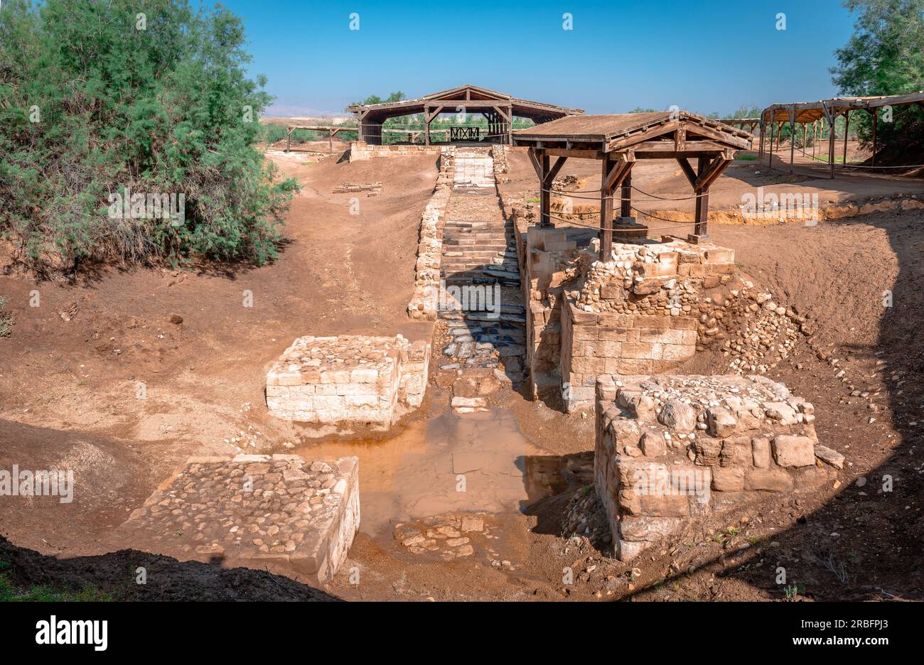 The Baptismal Site of Jesus Christ, considered to be the location of the Baptism of Jesus by John the Baptist, on the east bank of the river Jordan. Stock Photo