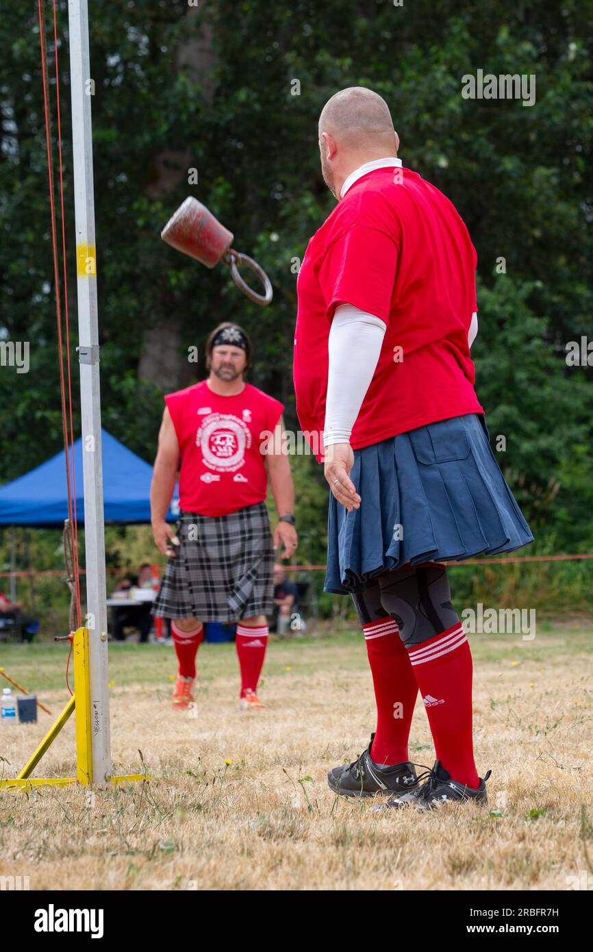 Athletes watch the weight fall after a throw in the weight for height competition at the Skagit Valley Highland Games in Mount Vernon, Washington on S Stock Photo