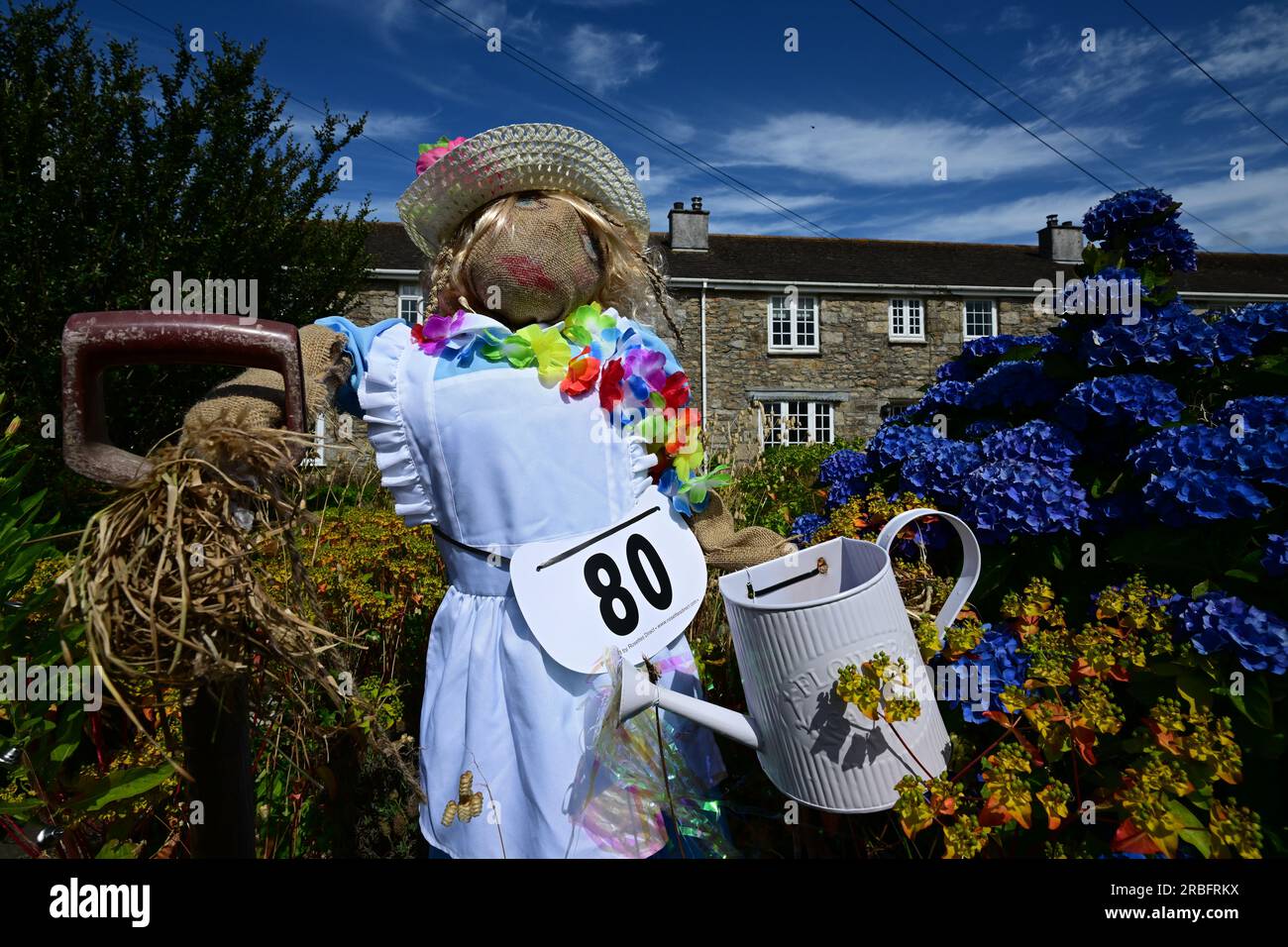 Scarecrows, stithians, town, gardens, straw, hats, clothes, flowers, homemade, competition, annual, decoy, mannequin, human, shape, texture, humanoid, Stock Photo