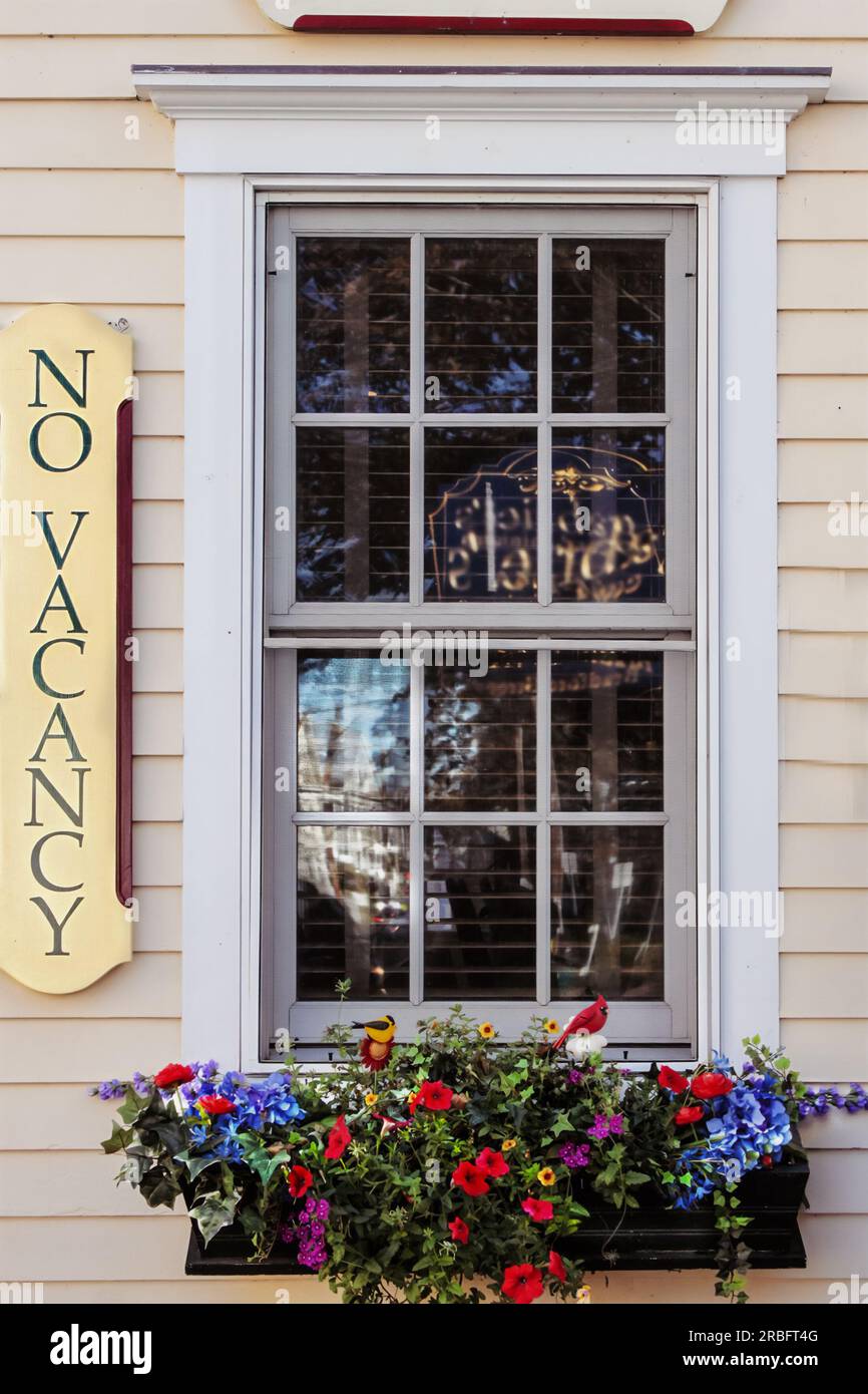 Window of little hotel with window box with colorful flowers and birds and No Vacancy sign Stock Photo