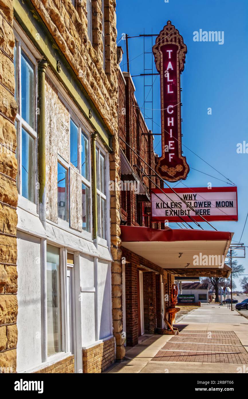 2202-03-16 Fairfax OK USA - Retro sign for old Tall Chief theater and marquee for Killers of Flower Moon in small Osage County  town where movie set Stock Photo