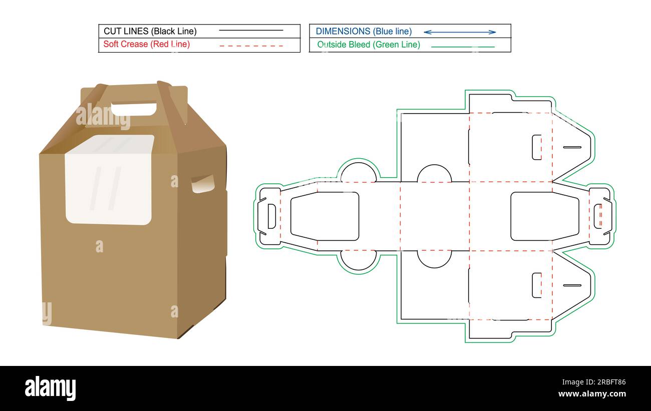 Cake box with handle or hanger assemble without glue, die line template and 3D box vector