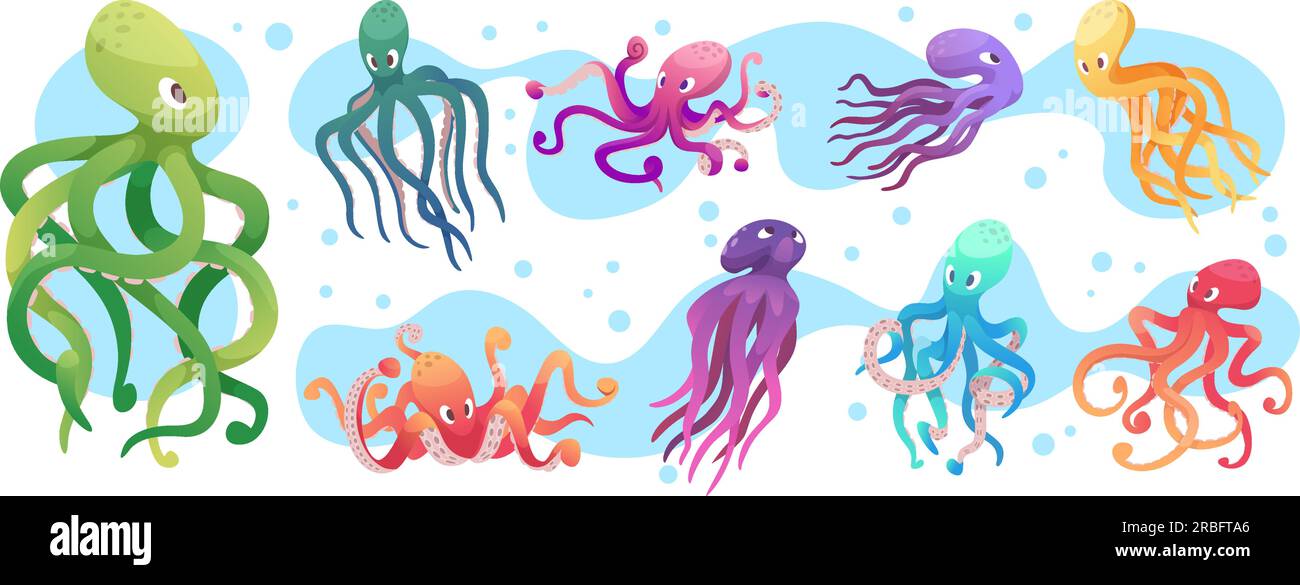 Octopus. Wild underwater animal with tentacles cartoon ocean creature exact vector pictures collection Stock Vector