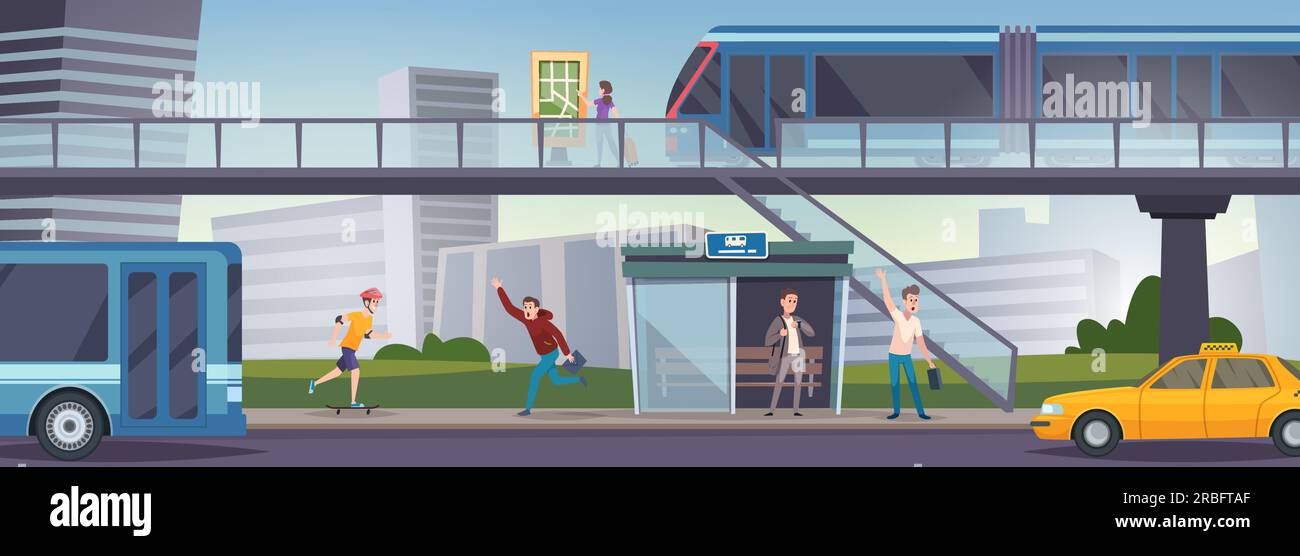Urban landscape. People going to bus station daily routine city ...