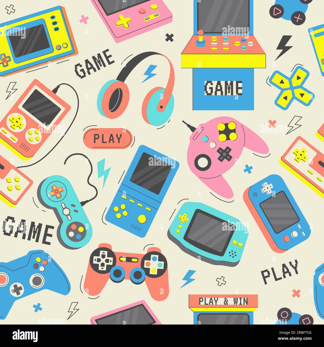 Game consoles pattern. Gadgets for playing video games recent vector seamless background Stock Vector