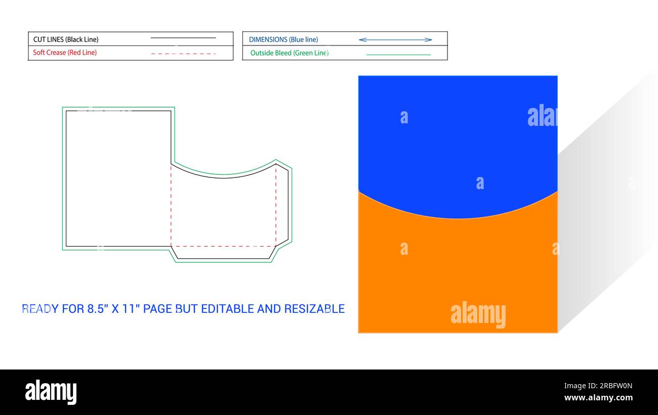 Rounded top shape Pocket or folder die line for 8.5x11 inch page but editable and resizeable