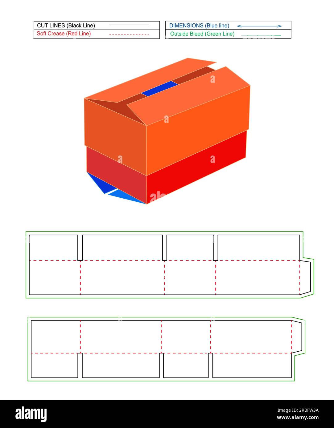 Two lids corrugated shipping box and half slotted container, colour changeable and editable box, die line template and 3d box Stock Vector