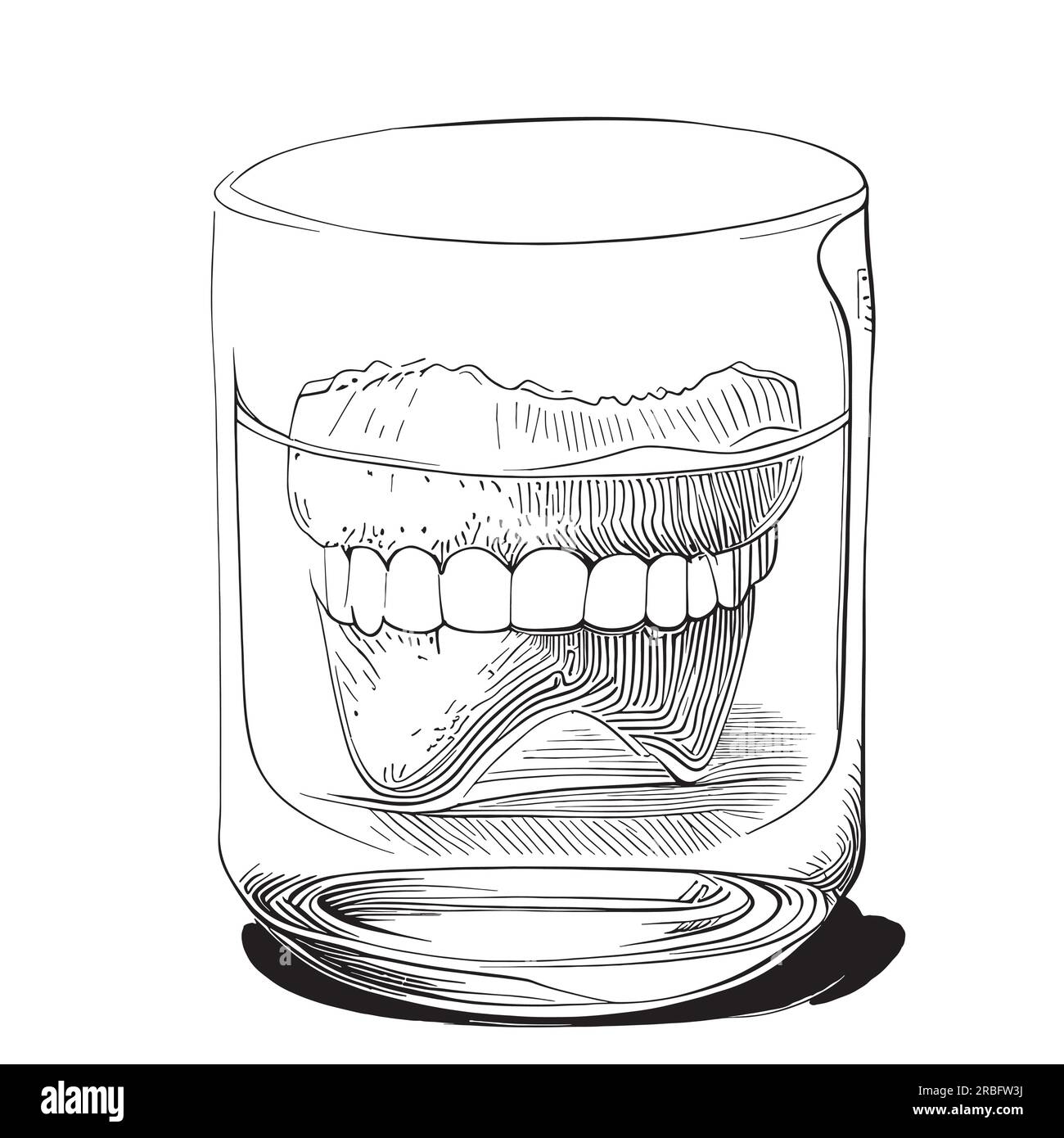 Denture in a glass sketch hand drawn engraving style llustration Stock Vector