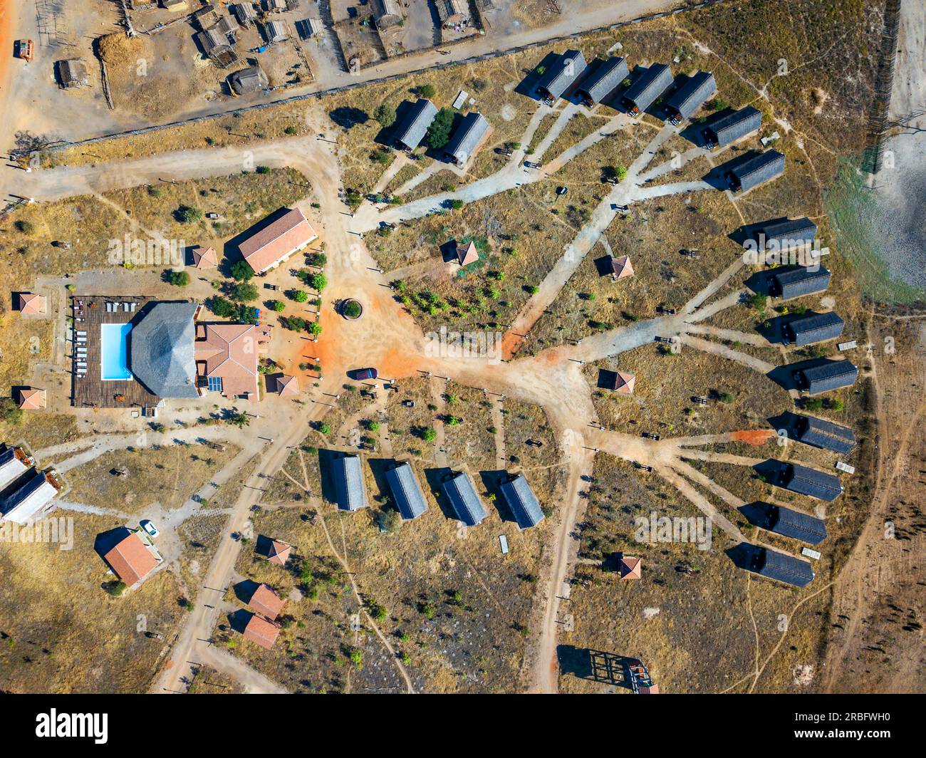 Aerial view of Relais Du Kirindy hotel and restaurant near Heiliger Baobab or seacred baobab in Morondava, Menabe region, Madagascar, Africa Stock Photo