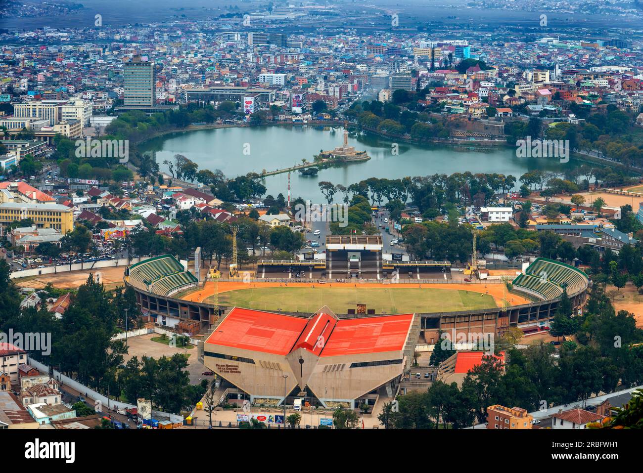 Aerial view of Antananarivo city center central lake and stadium, formerly Tananarive Antananarivo, Madagascar Stock Photo