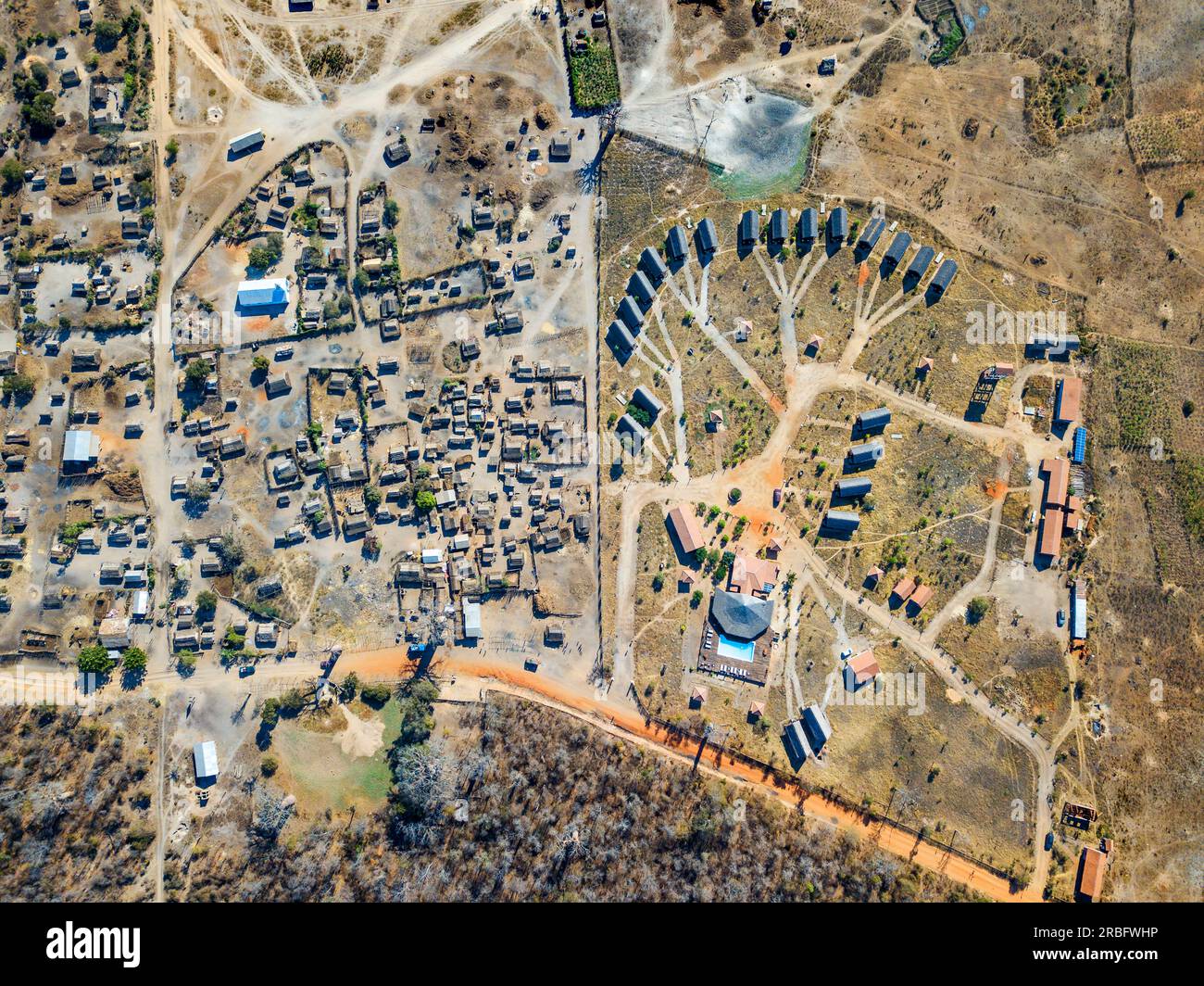 Aerial view of Relais Du Kirindy hotel and restaurant near Heiliger Baobab or seacred baobab in Morondava, Menabe region, Madagascar, Africa Stock Photo