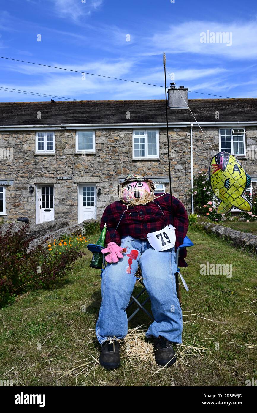 Scarecrows, stithians, town, gardens, straw, hats, clothes, flowers, homemade, competition, annual, decoy, mannequin, human, shape, texture, humanoid, Stock Photo