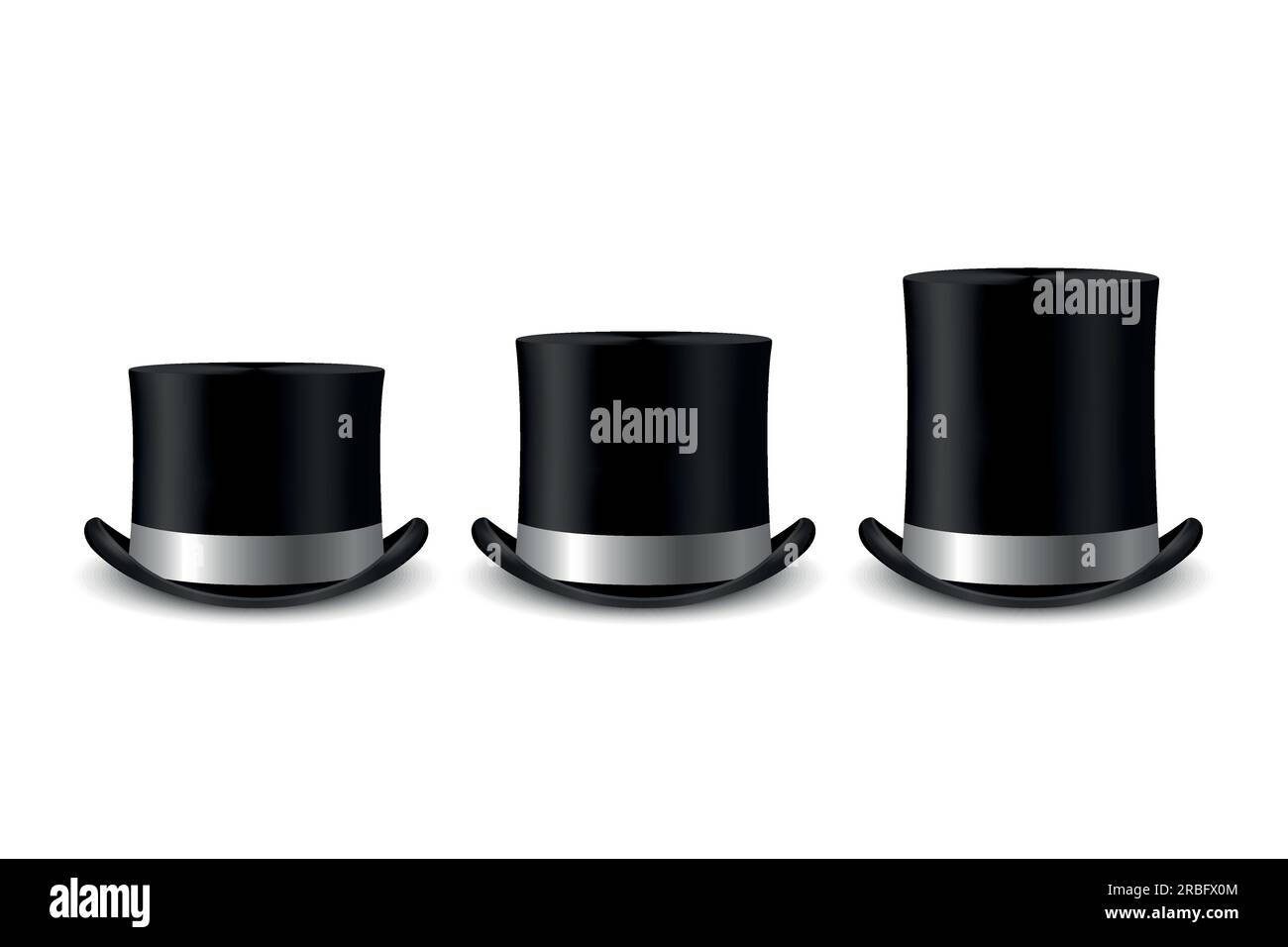 Vector 3d Realistic Black Top Hat Icon Set with Silver Color Silk