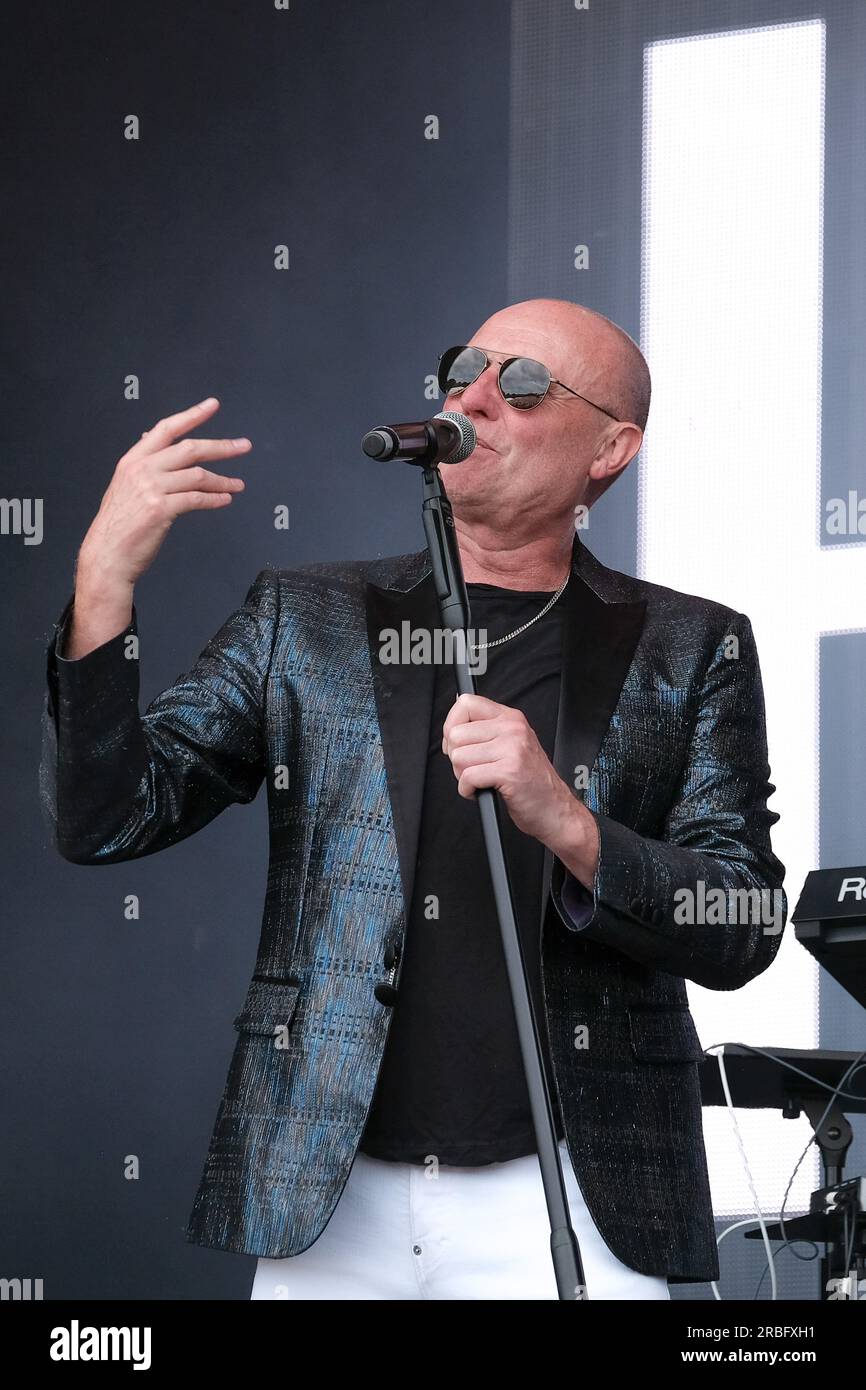 Lead male vocalist Glenn Gregory with English New Wave band Heaven 17 ...