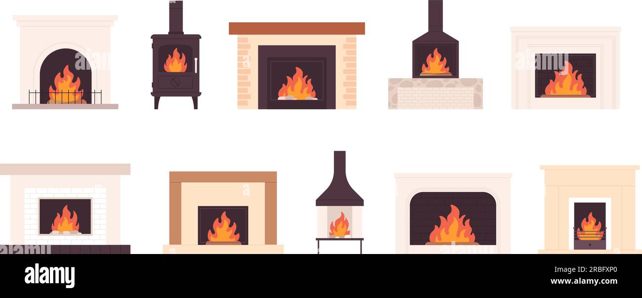Cartoon fireplace. Iron chimney and bricks furnace. Various traditional relaxing home place with fires. Interior stoves, vintage cozy racy vector Stock Vector