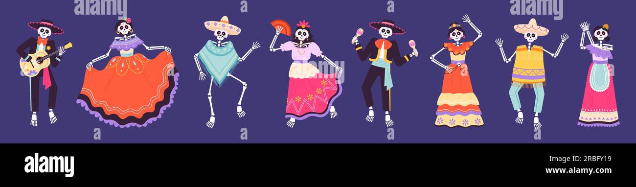 Dancing skeletons characters, skeleton mexican dances. Mexican funny day of dead dancers, cartoon halloween skull and bones racy vector set Stock Vector