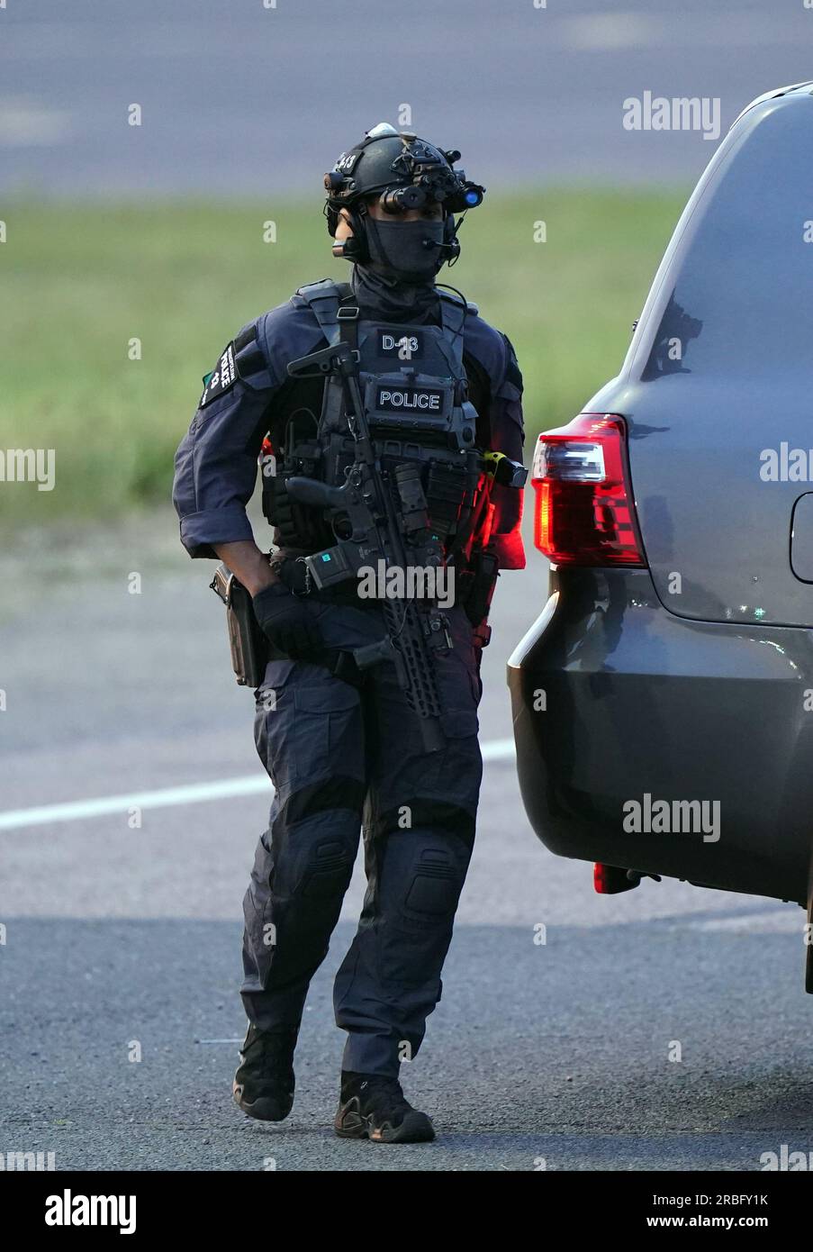 A Counter Terrorist Specialist Firearms Officer (CTSFO) at Stansted Airport in Essex, awaiting the arrival of US President Joe Biden, ahead of his meetings with Prime Minister Rishi Sunak and King Charles III. Picture date: Sunday July 9, 2023. Stock Photo