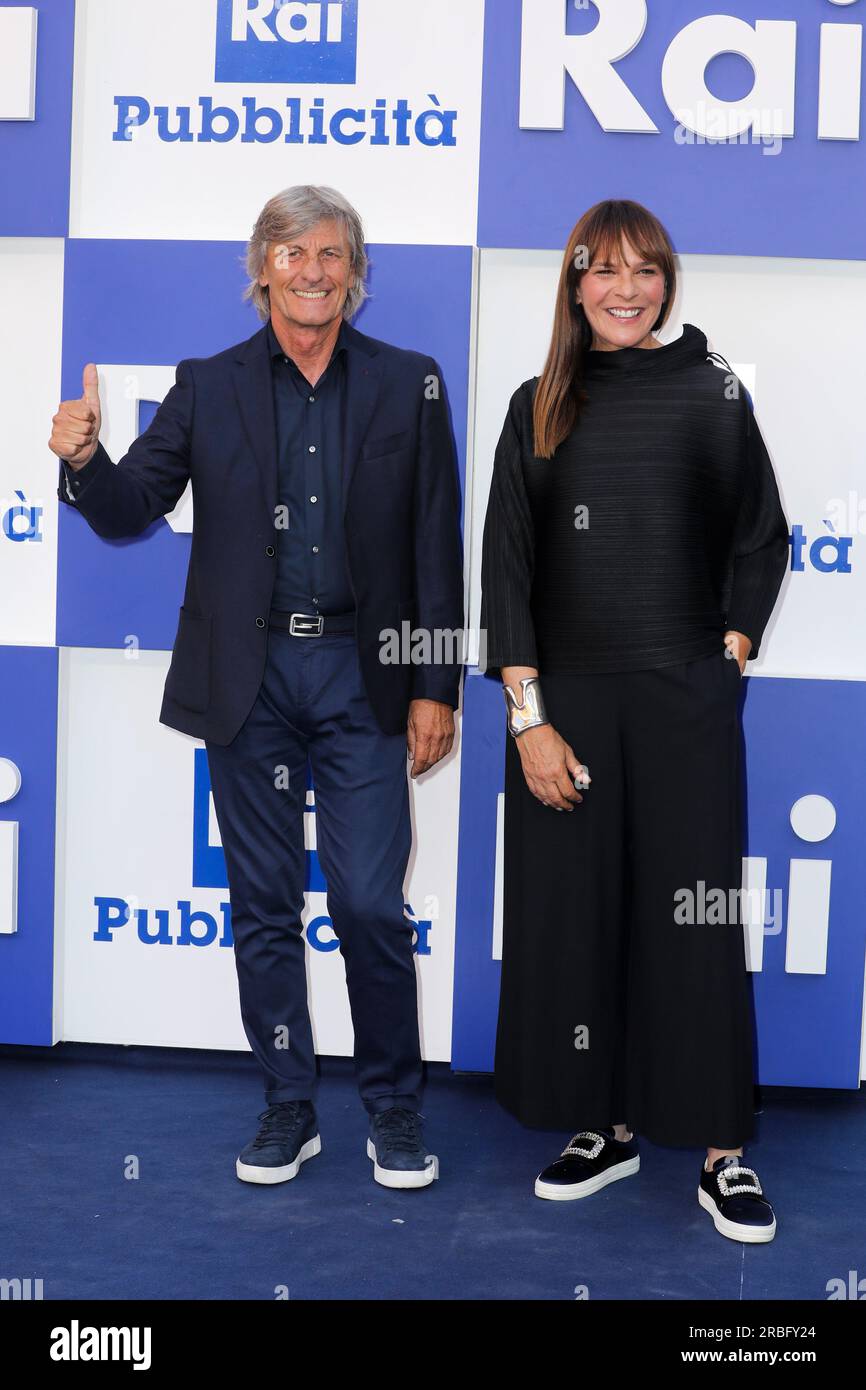 Naples, Italy. 07th July, 2023. Naples, Radio and TV Production Center, Presentation of Rai 2023/2024 schedules. In the photo: Emerson Gattafoni with his wife Valeria Cagnoni Credit: Independent Photo Agency/Alamy Live News Stock Photo